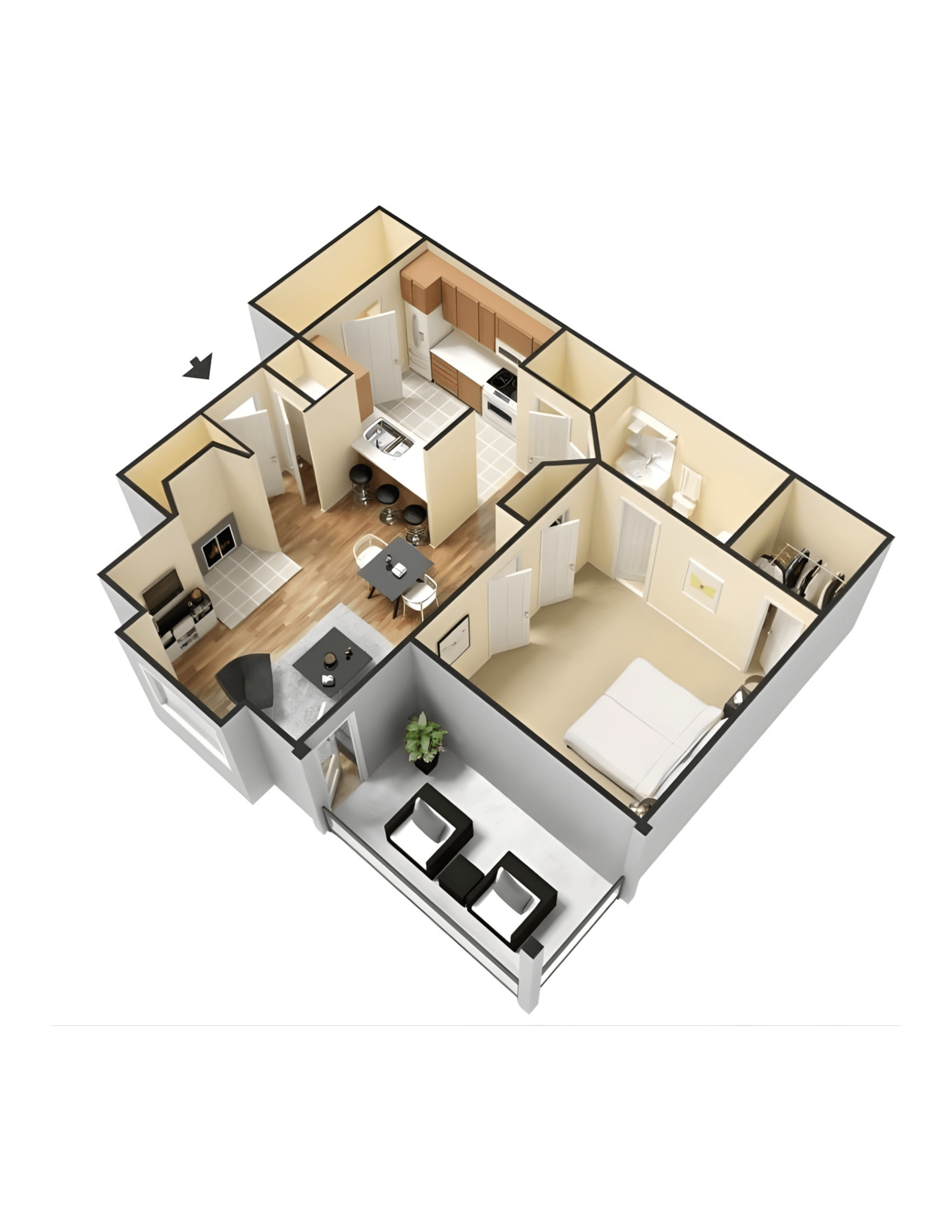 Floor plan for 1 bed, 1 bath, 678 sqft